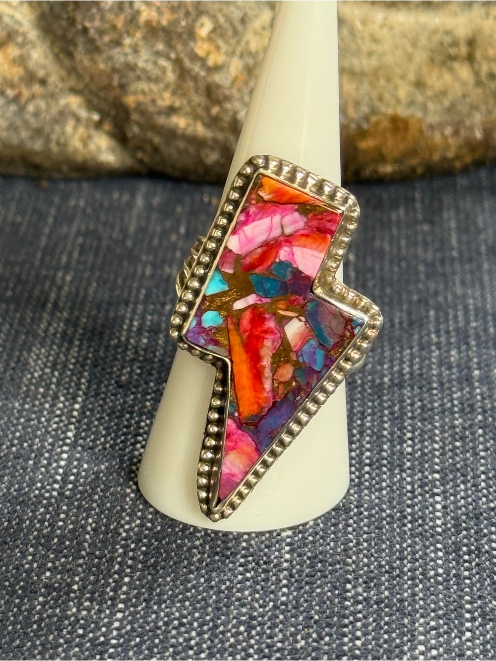 Pink Dahlia Turquoise Lightning Bolt Statement Ring on Sterling Silver.925 SZ 9